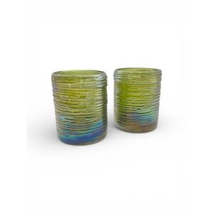 Vintage Hand Blown Iridescent Art Glass Tumblers Set of 2 Rainbow Lustre Studio